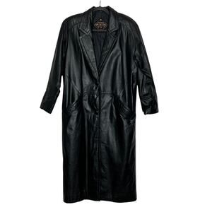 Vintage Charles Klein Black Leather Trench Coat Women’s Medium Long Jacket